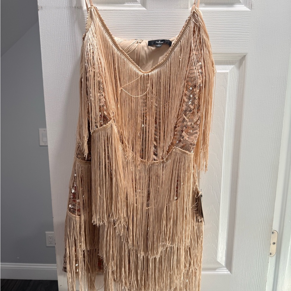 Lulu's Beige Sequin Fringe Backless Dress